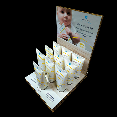 Expositor sobremesa cosmetica cartón nido de abeja